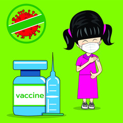 Illustration of children vaccinating against COVID-19 on an orange background