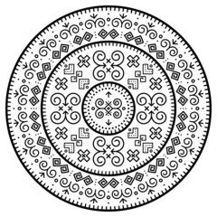 Tribal vector black mandala design with geometric shapes, Slovak bohemian folk art, ornament inspired by traditional house paintings from village Cicmany in Zilina region, Slovakia in black on white
