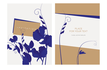 Invitation template in the botanical style. Blue flowers on a light background and a place for text. Modern background for the invitation, shop, beauty salon, spa. Vector illustration. - 493015851