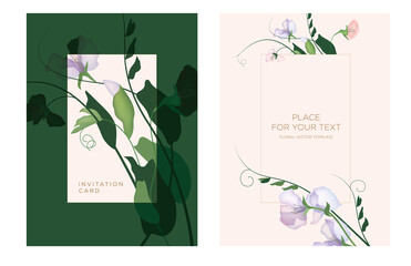 Wedding invitation template in the botanical style. Spring flowers on a light background with place for text. Modern background for the invitation, shop, beauty salon, spa. Vector illustration.