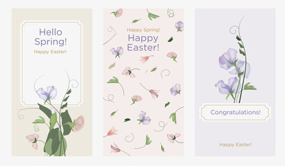 A set of templates for spring greeting cards. Happy easter. Design layout for invitation, congratulations and gift certificate for the shop, beauty salon, spa. Vector illustration.