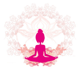Fototapeta na wymiar Girl in lotus pose meditating, abstract decorative card
