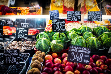 Food Market in central Budapest, Hungary (Great Market Hall), fresh products marketplace