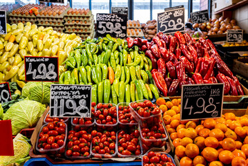 Food Market in central Budapest, Hungary (Great Market Hall), fresh products marketplace