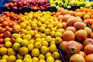 Food Market in central Budapest, Hungary (Great Market Hall), fresh products marketplace, closeup of fruits