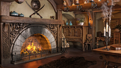 Fantasy tiny storybook style home interior cottage with rustic accents and a large round cozy fireplace. 3d rendering - obrazy, fototapety, plakaty