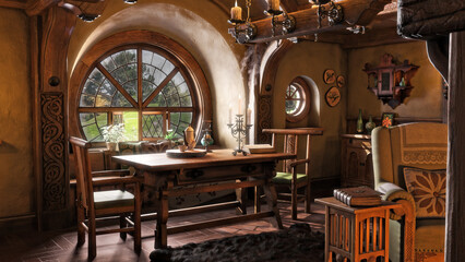 Fantasy tiny storybook style home interior cottage with rustic accents and a large round cozy window. 3d rendering
 - obrazy, fototapety, plakaty