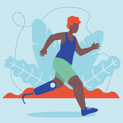 black man with prosthetic is running vector illustration in flat style