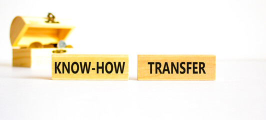 Know-how transfer symbol. Concept words Know-how transfer on wooden blocks on beautiful white background. Wooden chest with coins. Copy space. Business innovation and know-how transfer concept.