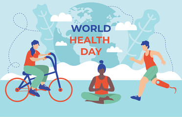 world health day concept with yoga bicycle and runner with prosthetic vector illustration in flat style