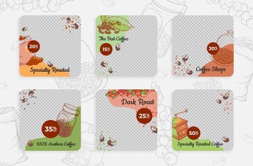 Dark roasted coffee promo poster collection realistic engraved vector illustration with copyspace