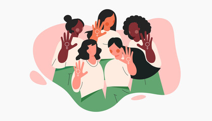 Women power or protest against gender violence and harassment. Feminism concept. Girls diverse team show stop gesture. Female community, sisterhood, unity and equality. Cartoon vector illustration