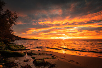 Stunning red sunrise over the sea.
