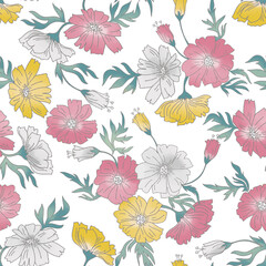 Seamless Abstract cosmos digital floral pattern with outline