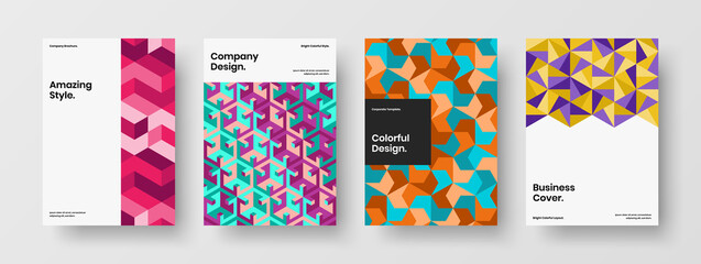 Unique mosaic hexagons catalog cover layout set. Creative corporate identity design vector concept composition.