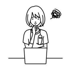 デスクで座ってPCを開いて困っている看護師の女性