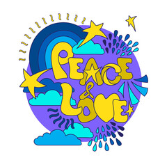 Peace and Love. Drawn letters, stars, clouds, abstract elements. Vector.