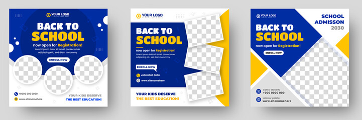 School admission social media post banner design. back to school social media post banner design set. Back to school admission promotion banner. school admission template for social media ad.