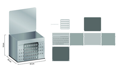 Perpetual calendar box laser cut vector model, Wood, Plywood, Metal calendar box CNC cut file. Corporate and business calendar box. Week Starts Monday.
