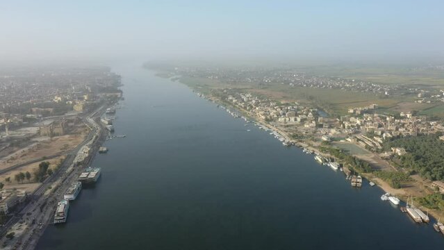 Aerial Drone Footage of Nile River in Luxor West Bank - Luxor, Egypt