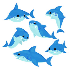 Vector set of blue shark cartoon. Comic shark animals, cute character emotions, scary jaws and underwater ocean fish cheerful mascot for kids.