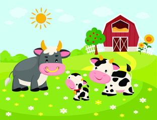 Vector illustration of cow family. Farm background