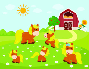 Vector illustration of horse family. Farm background