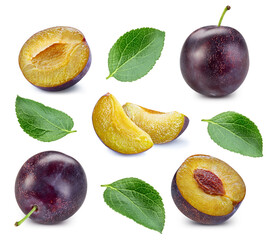 Plum with leaf isolated on white background
