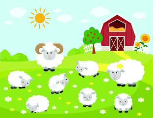Vector illustration of sheep family. Farm background