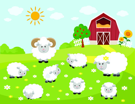 Vector illustration of sheep family. Farm background © Janna7
