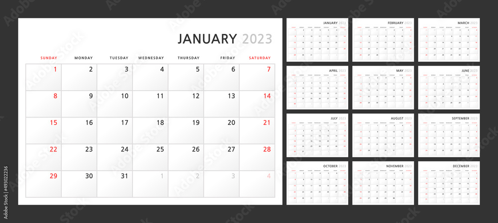 Wall mural wall quarterly calendar template for 2023 in a classic minimalist style. week starts on sunday. set 