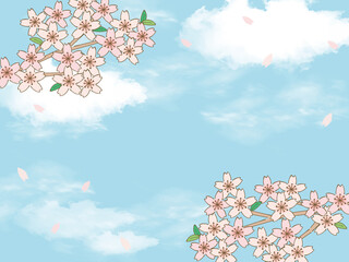 手書き風の桜の枝と青空背景　漫画風　横長（サイズ比率4:3）　Hand drawn cherry blossoms Background