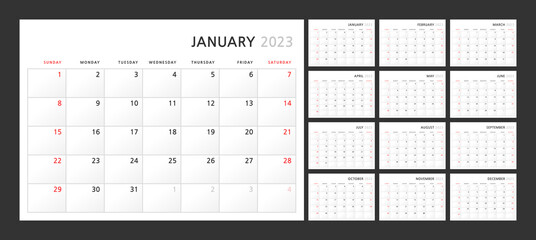Wall quarterly calendar template for 2023 in a classic minimalist style. Week starts on Sunday. Set of 12 months. Corporate Planner Template. A4 format horizontal - obrazy, fototapety, plakaty