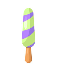 Vector illustration of ice cream juice on a stick. Ice cream in pink and blue colors isolated on white background idea for a poster, postcard, shirt. Kiwi, blueberries and currants flavor. Wild berry