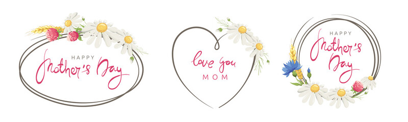 Mothers Day cards. Frames for invitation with cornflower, chamomile and ears. Set vector design elements on the theme of flowering and summer.