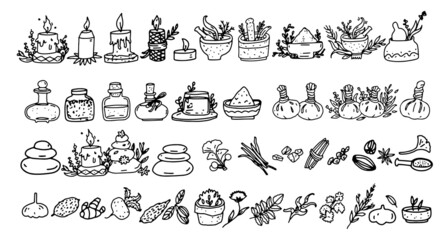 Ayurveda doodle icons set, Ayurvedic Folk Medicine Items, bottles, herbal, massage bag, mortar and pestle, candle, spa hot stones massage. Vector illustrations of ayurveda elements isolated on white