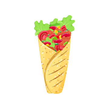 Mexican burrito icon. Illustration of traditional Mexican food isolated on a white background. Ground meet with vegetables rolled into tortilla. Vector 10 EPS.