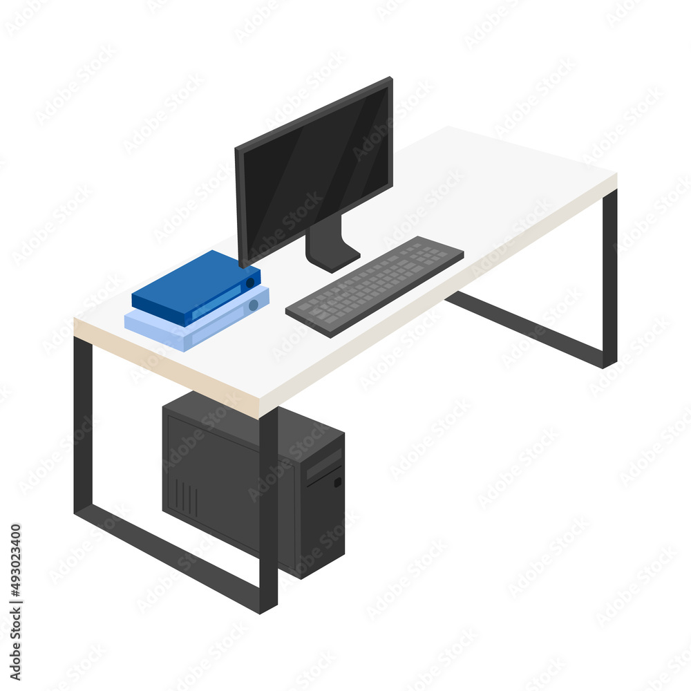 Fototapete Table with computer semi flat color vector object. Full sized item on white. Space for remote job. Workplace environment simple cartoon style illustration for web graphic design and animation