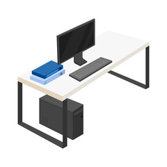 Table with computer semi flat color vector object. Full sized item on white. Space for remote job. Workplace environment simple cartoon style illustration for web graphic design and animation