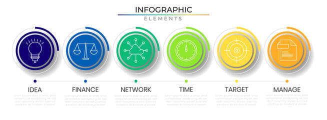 Fototapeta Modern circular business infographic strategy concept design vector with icons. Roadmap timeline network project template for presentation and report. obraz