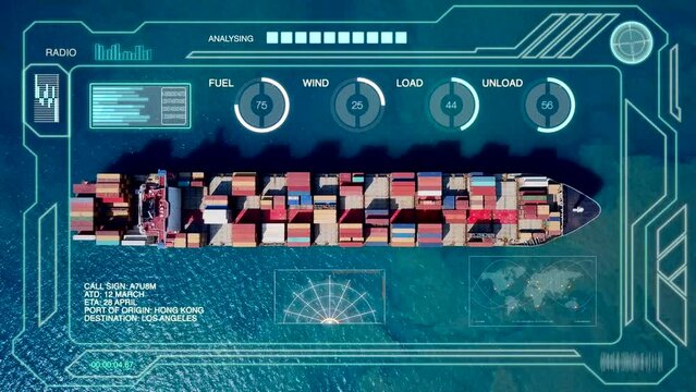 Smart port analysis of a Container Ship heading to unload, with telemetry and various readings.