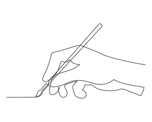 Hand holding painting brush, one line art, hand drawn continuous contour. Palm with fingers drawing art.Editable stroke. Isolated. Vector illustration