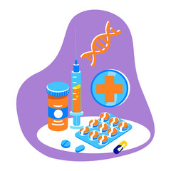 Pharmacy 2D vector isolated illustration. Drugs and pills flat sticker on cartoon background. Health concerns. Medications for treatment colourful scene for mobile, website, presentation