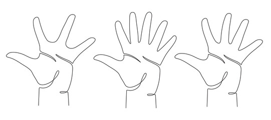 Hands fingers set, normal and wrong palms, one line art, continuous contour. Editable stroke. Isolated. Vector illustration