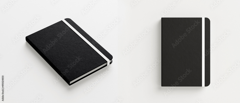 Aufkleber black notebook with band mockup isolated on grey background. top and side view. 3d rendering.
