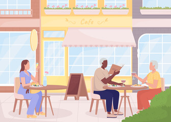 Enjoying drinks and delicious lunch at cafe flat color vector illustration. Modern urban lifestyle. Public area. Visitors 2D simple cartoon characters with cityscape on background. Caveat font used