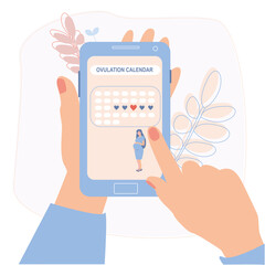 Fototapeta na wymiar The hand holds a smartphone with a mobile application for women. The concept of planning pregnancy, conception, motherhood. Ovulation date. Menstrual cycle calendar. Illustration of personal hygiene. 