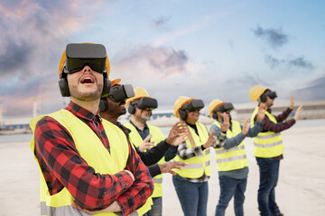 group of workers in a port with virtual reality goggles digital metaverse technology, container planning and logistics in container port - focus on man-first