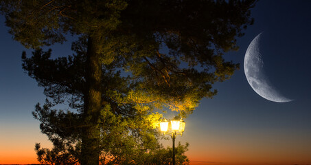 Fototapeta premium lantern evening lake against the backdrop of a red sunset