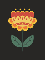 Simple flower in folk style isolated on black